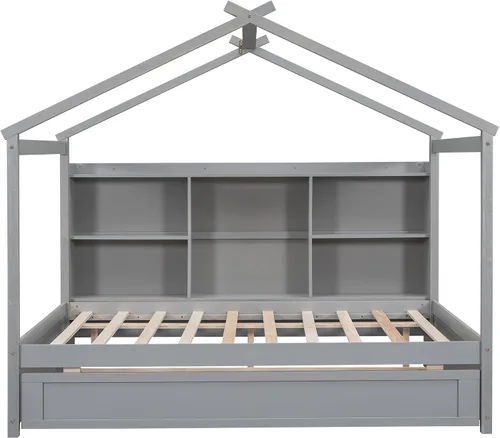 Miniatura 4 de Quarte Cama moderna de tamaño matrimonial con estantes de almacenamiento y cama nido de tamaño individual, sofá cama de madera para niños y niñas