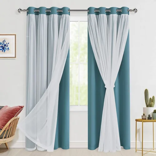 Miniatura 44 de Hiasan Cortinas opacas con superposición transparente, aislamiento térmico para mezclar y combinar de doble capa, cortinas de oscurecimiento de Beige