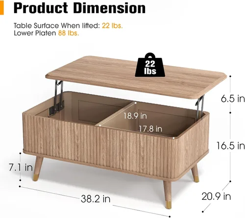 Miniatura 2 de Mesa de centro elevable con almacenamiento, mesa de centro moderna de mediados de siglo con patas de madera maciza, mesa central minimalista Roble