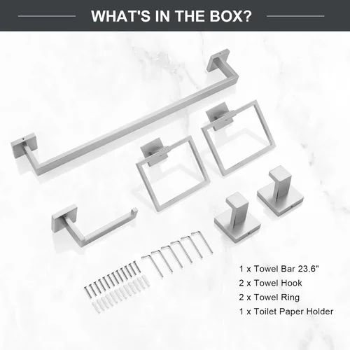 Miniatura 7 de TQKAG Juego de 6 piezas de toallero de baño en níquel cepillado de 23.6 pulgadas Barra de toalla de acero inoxidable Anillo de toalla Gancho