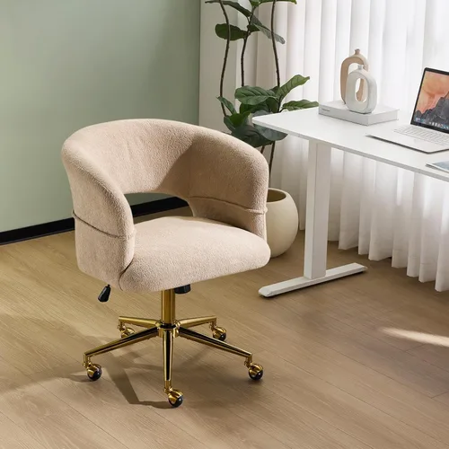 VINGLI Silla Moderna Curvada de Oficina y Tocador, Bonita Silla Tapizada con Tachuelas con Ruedas y Giro de 360° y Club y Reclinable y Base Dorada,