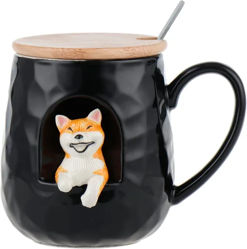 Taza de café de cerámica, diseño novedoso 3D de gato y perro con tapa y cuchara a juego, taza hecha a mano de dibujos animados para té, leche y jugo