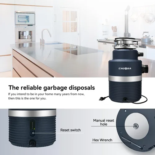 Miniatura 5 de Triturador de basura de 3/4 HP, alimentación continua de eliminación de residuos de alimentos, triturador de basura de cocina con conexión y enchufe