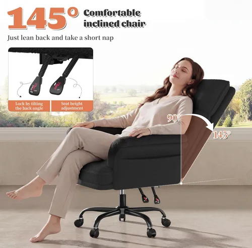 Miniatura 7 de DurayLoly Silla cruzada con ruedas y brazos, silla de tocador de felpa con bolsillos laterales, sillas de escritorio ajustables para oficina en Negro