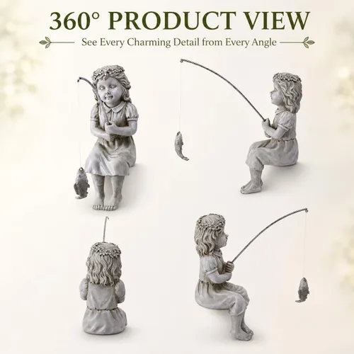 Miniatura 6 de Goodeco Estatua de jardín de Fishergirl – Pequeño pescador de 11 pulgadas para estanque Koi o cascadas, estatua junto a la piscina con guijarros que