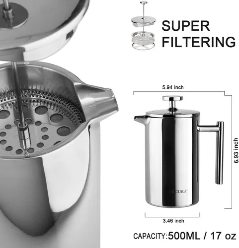 Miniatura 5 de Secura - Cafetera de prensa francesa de acero inoxidable 304 con 2 filtros adicionales Plateado