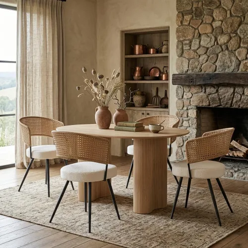 Miniatura 10 de Juego de 4 sillas de comedor de ratán, sillas de cocina tapizadas Boucle, sillas de comedor modernas de mediados de siglo, sillas de caña de Blanco