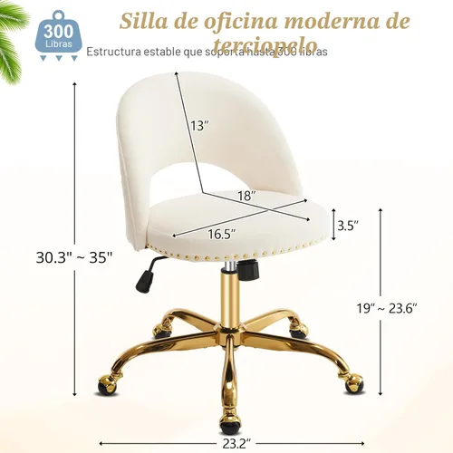Miniatura 2 de VINGLI Silla de Oficina Pequeña de Terciopelo Moderna, Linda Silla de Escritorio con Ruedas, Base/Tachuelas Doradas, Cómoda Silla Giratoria sin