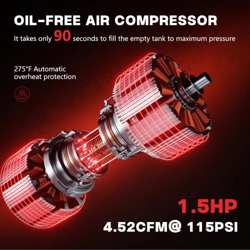 Miniatura 3 de Compresor de aire ultra silencioso de 8 galones, 1.5HP 4.52 CFM, tanque de compresor de aire sin aceite máximo de 115 PSI, 110V/60Hz, compresor