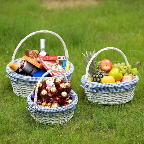 Miniatura 5 de WICKERWISE Cesta de regalo tradicional de sauce redondo blanco con forro a cuadros y asas resistentes, cesta de almacenamiento de aperitivos