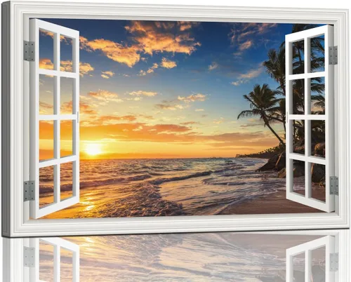 Miniatura 10 de Cuadro de pared de playa tropical para sala de estar, lienzo estilo marco de ventana, decoración de pared, palmera, impresión artística costera