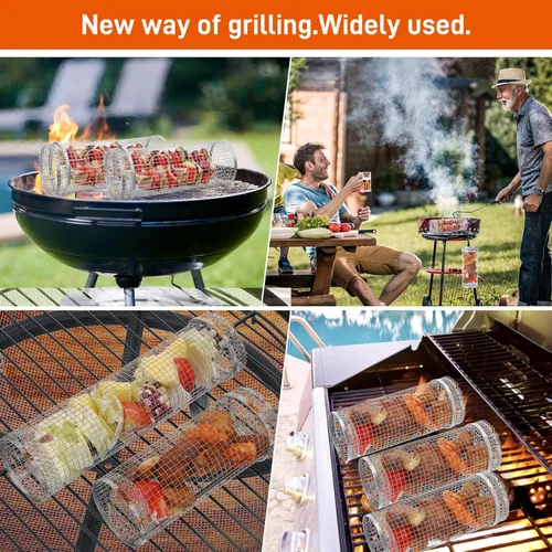 Miniatura 7 de GOTGELIF Cesta rodante para parrilla, canasta de acero inoxidable para asar uniformemente y almacenamiento conveniente, tubo de red en camping