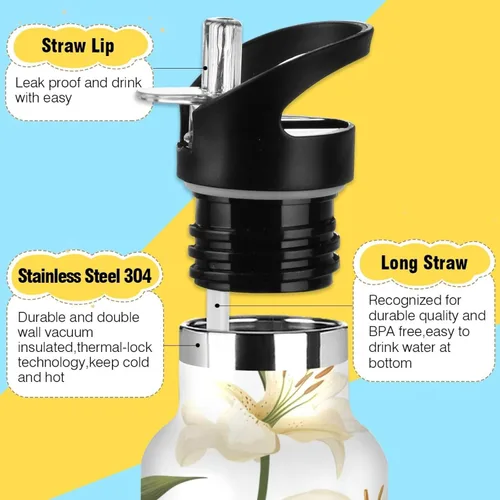 Miniatura 3 de Cartoon Lily White Double Wall Vacuum Insulated Bottles Water Bottles With Straws Leak-proof BPA-Free Leak Proof for Gym Sports