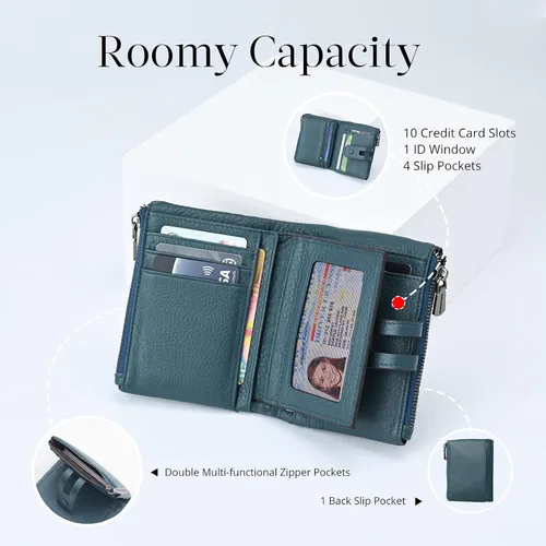 Miniatura 3 de Bveyzi Cartera pequeña de cuero suave para mujer, con bloqueo RFID, tarjetero con doble bolsillo con cremallera