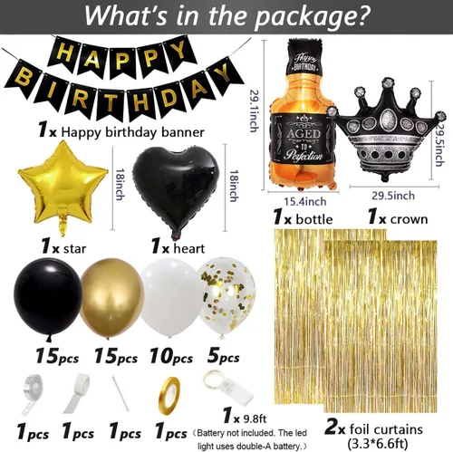 Miniatura 4 de Decoraciones de cumpleaños negras y doradas con pancarta de feliz cumpleaños, cortinas, botella, corona, globos de estrella de corazón y luz LED