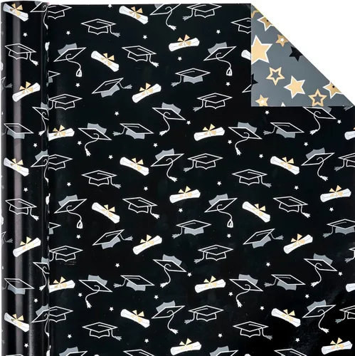 Miniatura 3 de WRAPAHOLIC Papel de regalo reversible de graduación, mini rollo, 17 pulgadas x 33 pies, tapa de zanjadora dorada negra y estrellas para fiestas