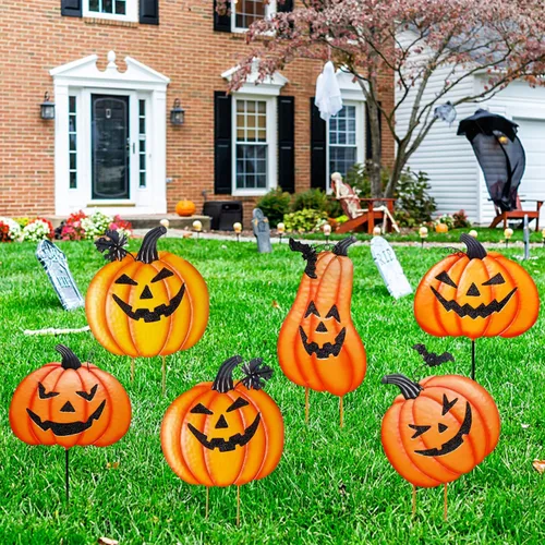 Miniatura 9 de Juegoal Paquete de 2 estacas de jardín de Halloween, calabazas de metal apiladas, decoración de césped Jack-o-Lantern, letreros de patio decorativos