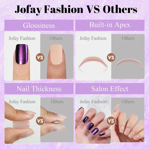 Miniatura 5 de Jofay Fashion - Uñas cortas a presión con diseño de ojo de gato, elegantes uñas cuadradas moradas, uñas postizas de gel suave, uñas postizas