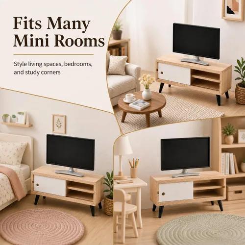 Miniatura 8 de NUOBESTY Mueble de TV y madera para casa de muñecas, monitor de juguete realista a escala 1/12, soporte de TV en miniatura moderno para casa