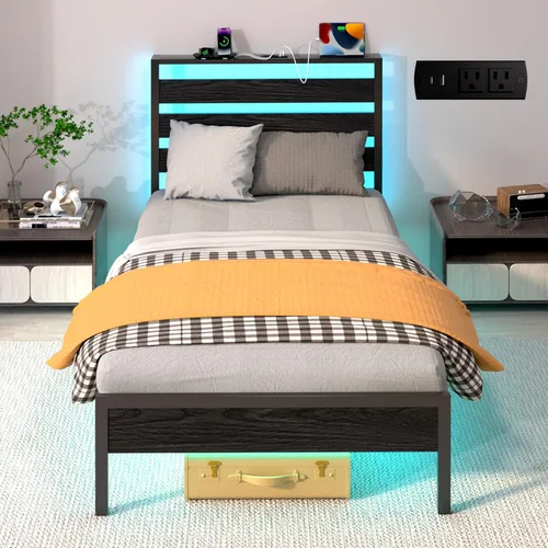 J.Fkne Marco de cama individual con cabecero, cama de plataforma con LED y estación de carga, listones de metal resistentes, no necesita somier, sin