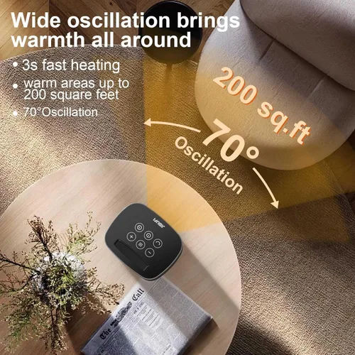 Miniatura 4 de Calentador de espacio portátil pequeño para uso en interiores, con función de rotación de 70°, calentador eléctrico JIBUFI PTC de 1500 W