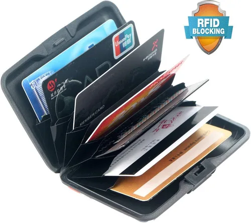 Miniatura 23 de Tarjetero de aluminio con bloqueo RFID para hombres y mujeres, elegante cartera de viaje con 7 ranuras, la mejor protección contra escaneos