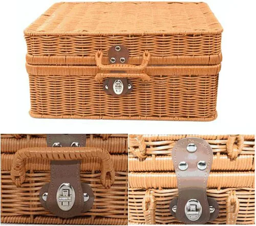 Miniatura 5 de Maleta de ratán cesta de almacenamiento tejida a mano de mimbre vintage maleta organizador de maquillaje bolsa de ratán cesta de picnic para viajes