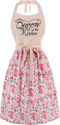 Miniatura 17 de Bonitos delantales florales para mujer con bolsillos, delantal de algodón ajustable con correa para el cuello para cocina, cocina, hornear