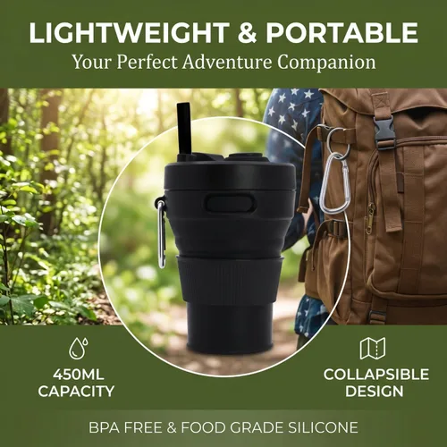Miniatura 2 de Taza de café de silicona plegable para camping, viajes, con pajita, reutilizable, portátil, para senderismo, al aire libre, 15.2 fl oz