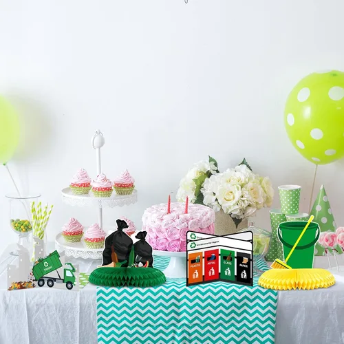 Miniatura 7 de Tinlade 9 piezas de camión de basura, decoraciones de cumpleaños, camiones de basura, centros de mesa de panal para mesas con soportes de cartón, 3D