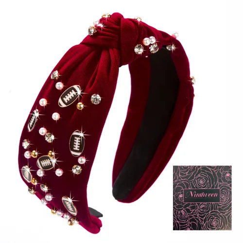 Diadema de moda de fútbol para mujer con perlas de fantasía en negro, rojo, naranja y azul con nudo para niñas, diadema ancha y bonita para el Día