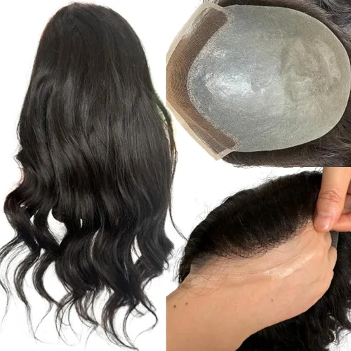Miniatura 9 de Voloria Sistema de reemplazo de cabello tipo tupé de 12 pulgadas de largo para hombre, encaje suizo frontal, línea capilar natural, pelo de piel