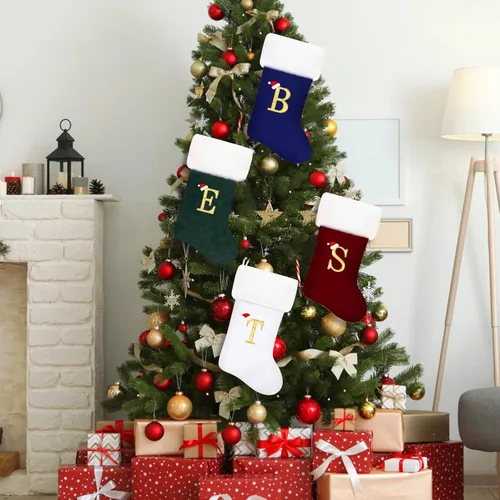 Miniatura 7 de Calcetines de Navidad bordados de 20 pulgadas con monograma, terciopelo negro con puño de felpa blanca supersuave, adornos clásicos para decoración