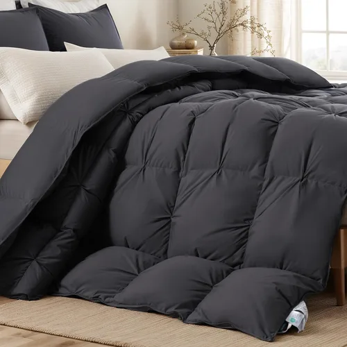 Miniatura 8 de KAKABELL - Edredón de plumón de ganso con pliegues, tamaño King, fibra de plumas de ganso, inserto de duvet esponjoso y transpirable en color negro