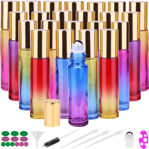 Miniatura 10 de inice 100 botellas de roll-on de 10 ml de vidrio ámbar para aceites esenciales con bolas de rodillo de acero inoxidable y tapa de aleación
