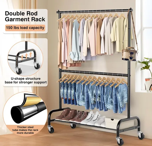 Miniatura 2 de MISSLO Perchero resistente para ropa con doble varilla para colgar, estante de ropa enrollable, armario de closet con ruedas, metal, ajustable, negro