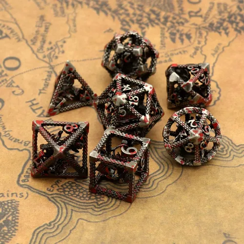 Miniatura 6 de D&D Dice, Dungeons and Dragons Dice HNCCESG Juego de dados de metal poliédricos huecos para juegos de mesa RPG MTG (Dragon Silver Blood Spot)