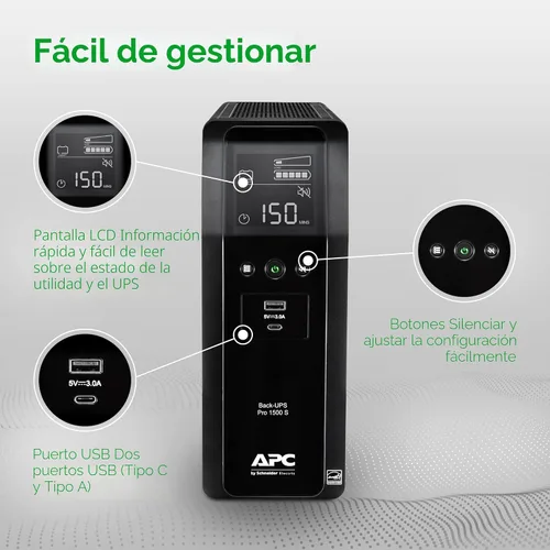 Miniatura 6 de APC Back-UPS Pro Sine Wave UPS, 1500VA/900W, compatible con PFC activo, AVR, LCD, 10 tomacorrientes, puerto de carga USB-C BR1500MS2 Fuente