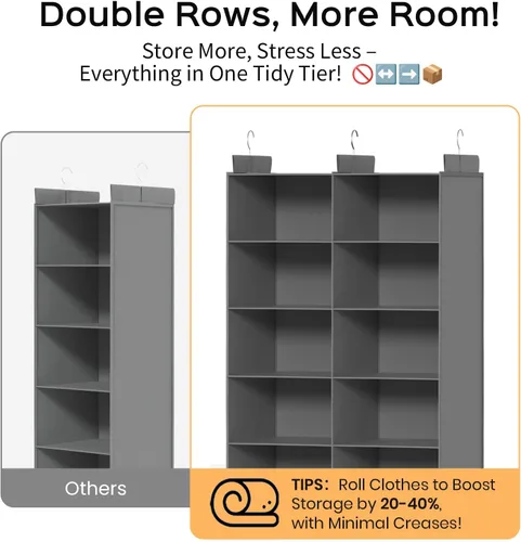 Miniatura 3 de ALLTIDYUP Organizador de Armario Colgante de 5 Estantes – Organizador de Ropa Plegable de Doble Fila con 3 Ganchos, Organizador de Armario y Gris