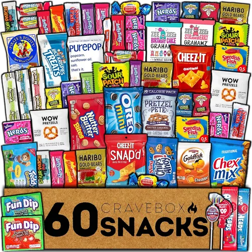 CRAVEBOX Caja de aperitivos y dulces (60 unidades) para el Día del Padre para adultos, paquete surtido de cesta de regalo, paquete de cuidado para