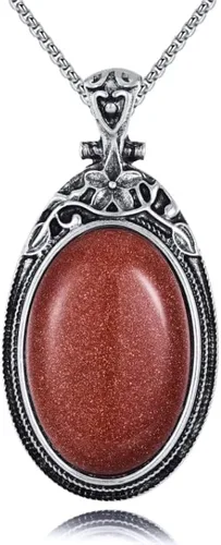 VIJASHOP Collar ovalado de piedras preciosas de acero inoxidable, colgante vintage, piedras semipreciosas, regalo de joyería para mujeres y niñas