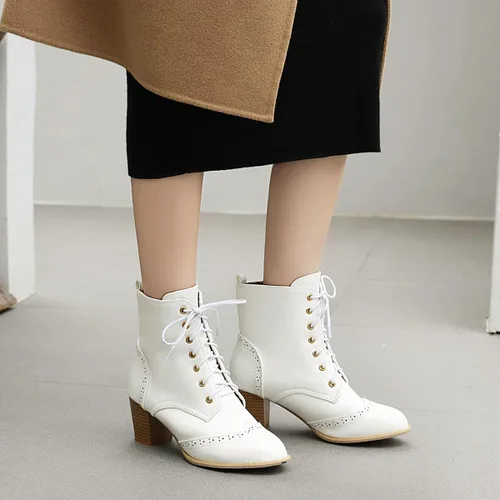 Miniatura 3 de Betastella Botas de tobillo con cordones para mujer, tacón grueso, con cierre lateral, botas cortas de vestir con cremallera lateral