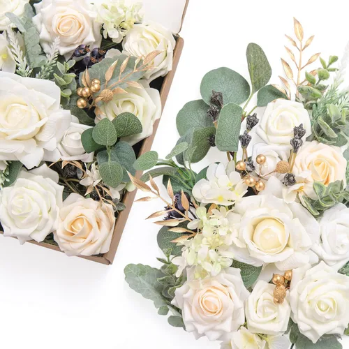 Miniatura 20 de Ling's moment Caja de Flores Falsas, Tallos de Vegetación Artificial Falsa Rosas de Espuma Dalias de Seda Hojas de Rosa Flor de Tela para Centros
