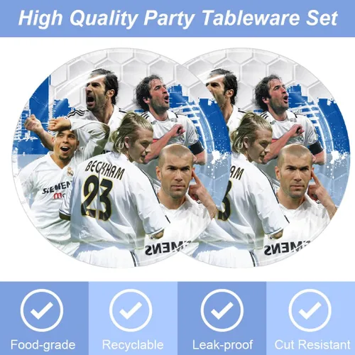 Miniatura 3 de 40 piezas de suministros para fiesta de cumpleaños del Real Madrid incluyen 20 platos, 20 servilletas para la decoración de la fiesta del Real Madrid