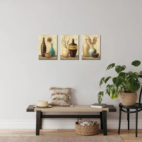 Miniatura 4 de sechars Arte de pared vintage con florero, flores de granja, pintura de hierba de las pampas, lienzo, cuadros de lienzo, arte estético retro marrón