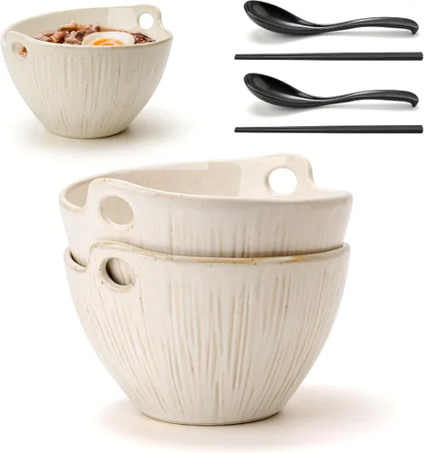 Donburi - Juego de 2 cuencos de cerámica para fideos con palillos y cucharas, juego de 2 cuencos Donburi aptos para lavavajillas para pasta de