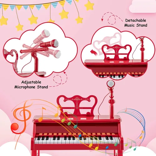 Miniatura 5 de HONEY JOY Piano para niños, piano de teclado rojo de 37 teclas para niños con soporte de música y banco, regalo para bebés con micrófono