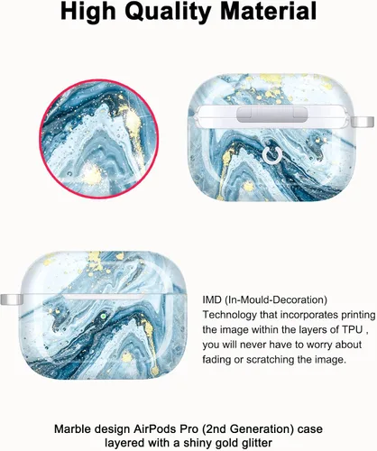 Miniatura 2 de Funda para Airpods Pro de 2ª generación, diseño de mármol con purpurina dorada, piel protectora de TPU para mujeres y niñas con llavero compatible