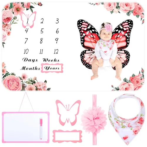 Miniatura 7 de Chumia 6 Piezas Manta de Hitos Mensuales para Bebé Niña 60" x 40" Manta de Hitos de Mariposa Edad Foto Fondo de Fotografía con Calendario para Rosa