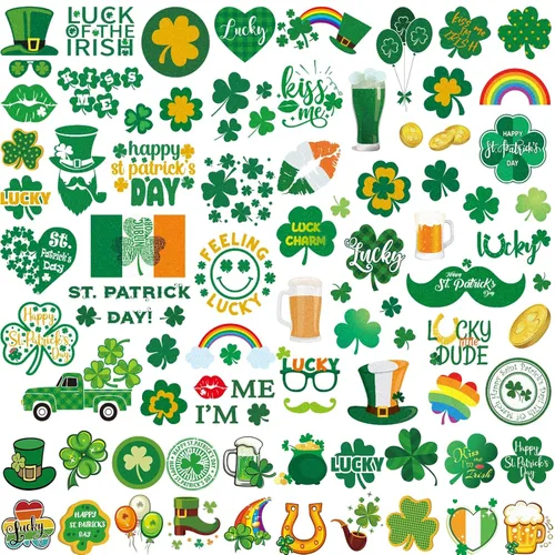 Zeecdatoo 23 hojas grandes de accesorios de tatuajes para el día de San Patricio, más de 100 piezas de tatuajes temporales de trébol de la suerte,